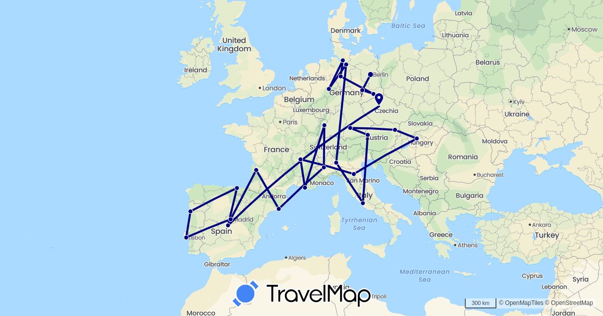 TravelMap itinerary: driving in Austria, Czech Republic, Germany, Spain, France, Hungary, Italy, Portugal, Vatican City (Europe)
